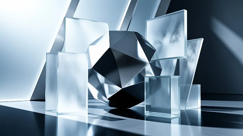 A dark metallic sphere of triangular facets rests on a glossy floor between frosted glass sheets in cool blue light.