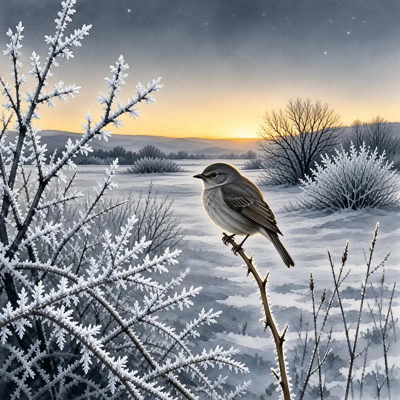 A small grey bird perches on a branch amidst a frosty winter landscape under a twilight sky