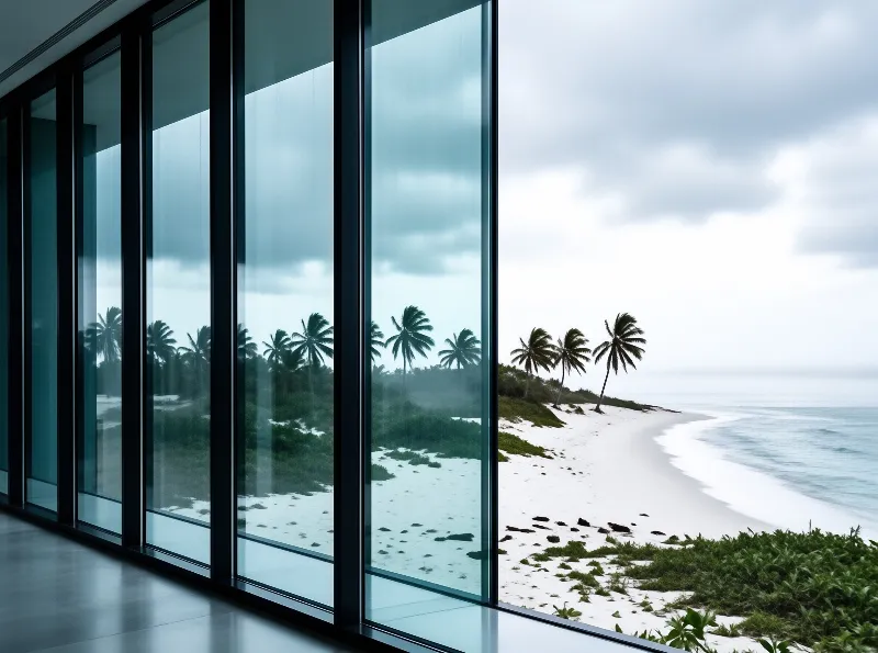 Tropical shoreline with palm trees and white sand visible through large glass windows under a cloudy sky.