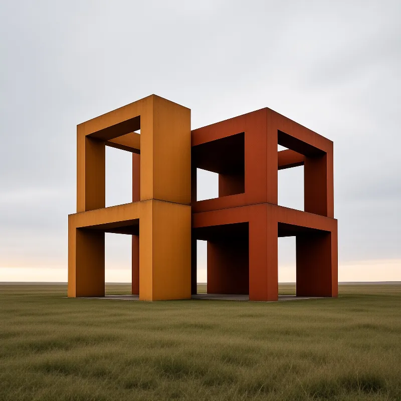 Two large orange geometric structures stand side by side in a grassy field under a cloudy sky.