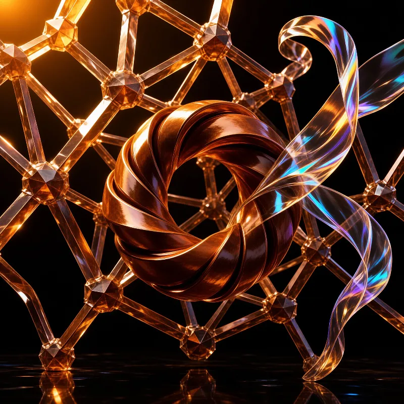 Twisted copper ring inside a glowing amber geometric framework with flowing glass elements.