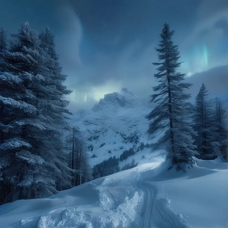 Tall evergreen trees frame a snowy valley where green aurora lights dance above distant mountains under a deep blue night sky.