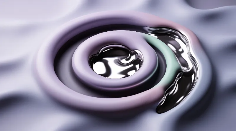Glossy chrome liquid forms concentric rings over a muted violet background with sharp bright highlights