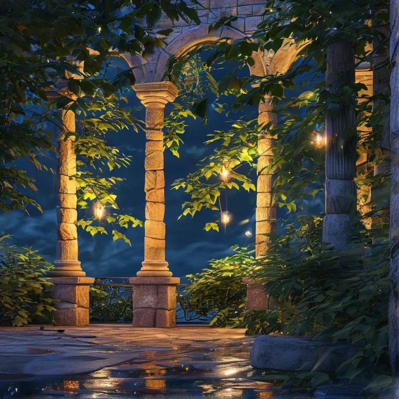 A series of rough stone pillars form a covered walkway at night, draped with hanging lanterns that cast a golden glow on the surrounding leaves and wet pavement reflecting the warm light against the deep blue sky.