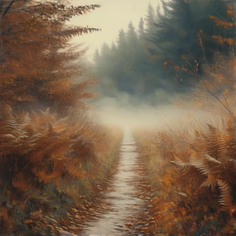 A narrow dirt track winds through a foggy woodland filled with tall pines and rust-colored ferns under soft light.