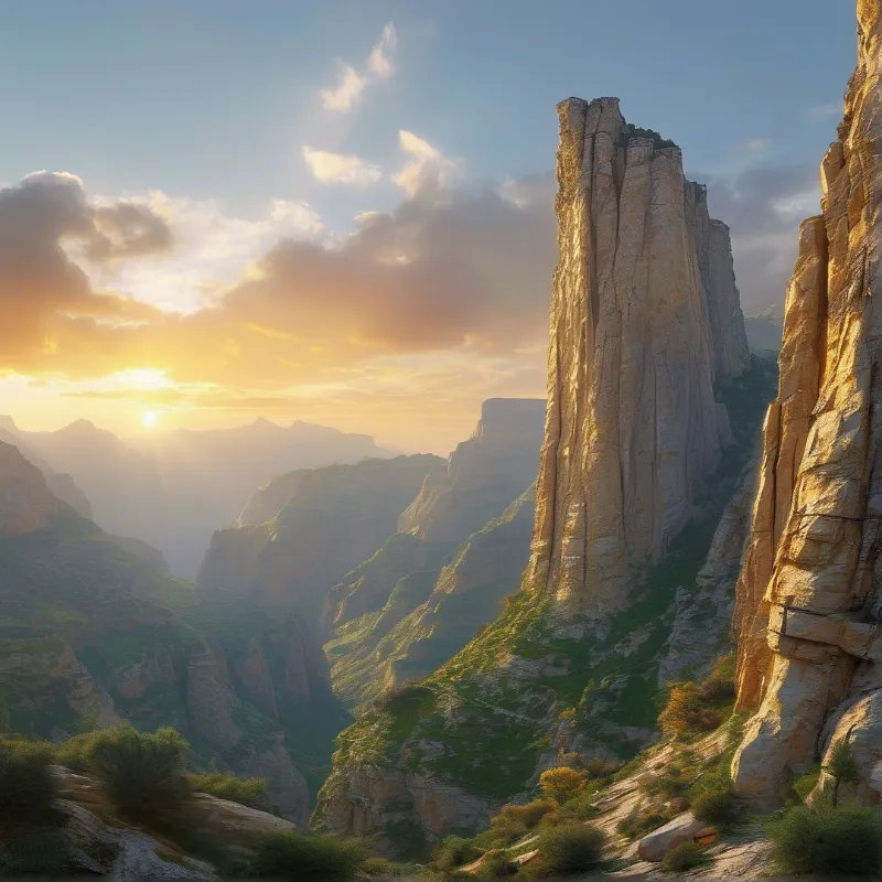 A tall rock spire rises from a green valley, the low sun casting golden light and long shadows across layered cliffs.