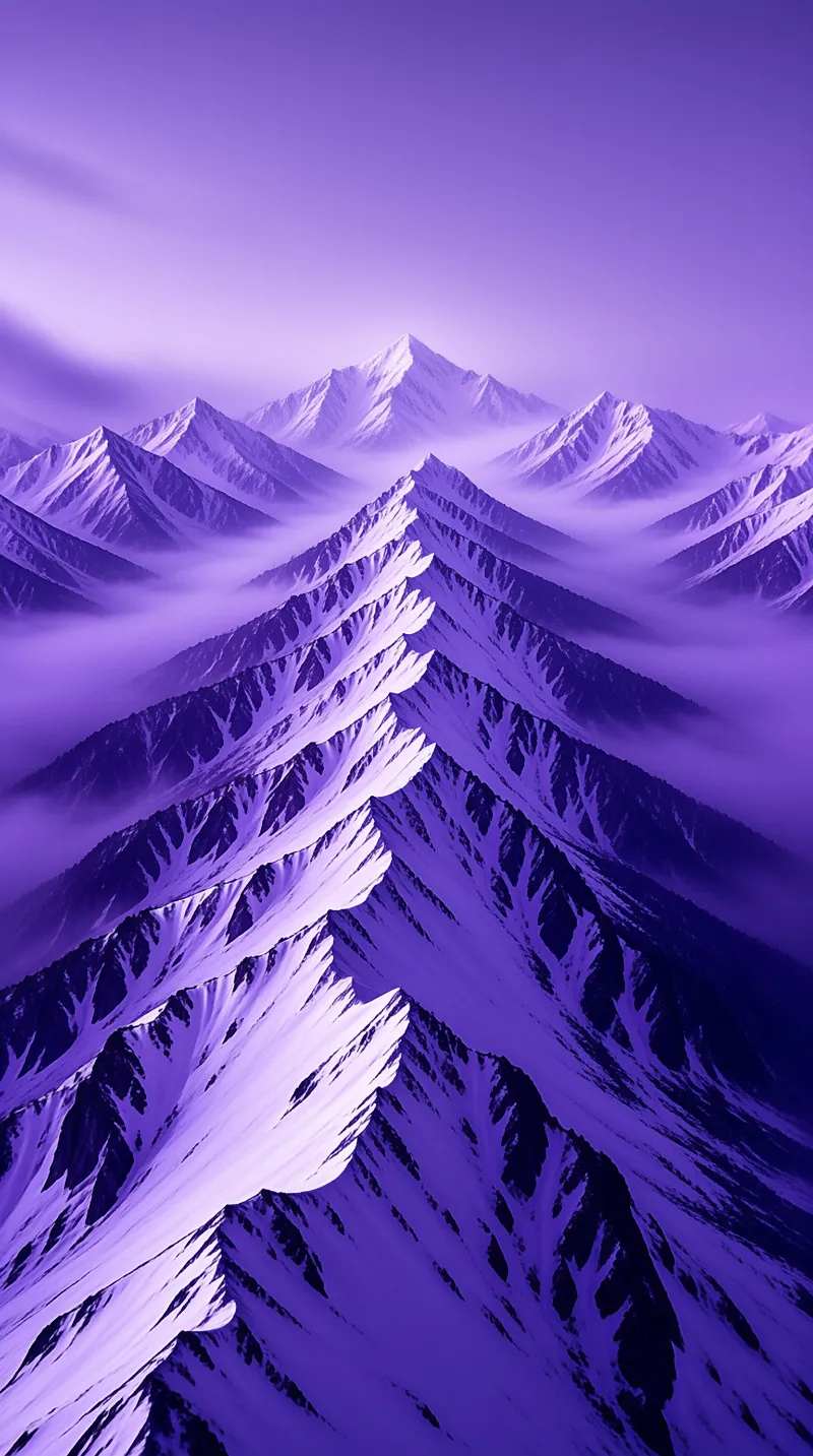 Sharp snow-covered mountain ridges rise above valleys filled with mist under a uniform violet sky.