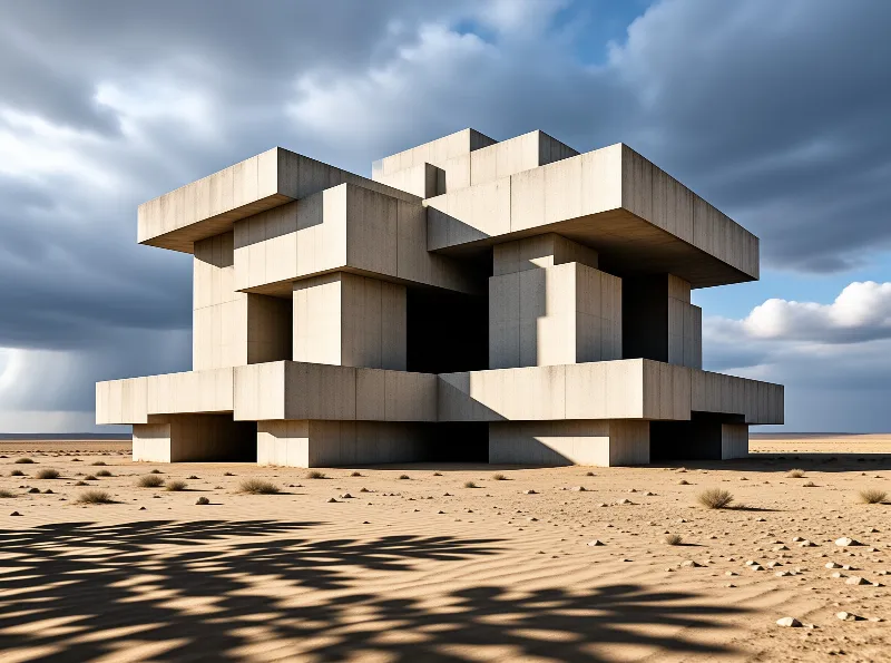 A geometric concrete building stands in a desert under a cloudy sky with sunlight casting sharp shadows on the sand.