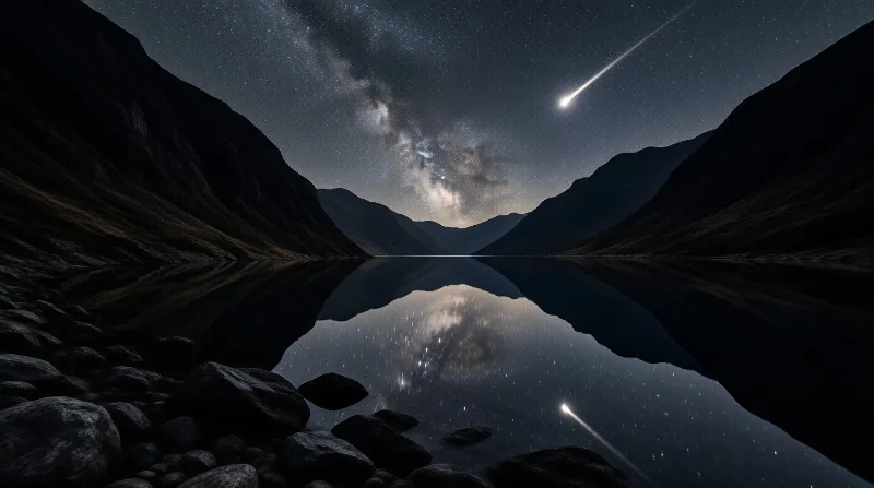Bright shooting star streaks across a starry sky above a still lake mirroring dark peaks and the Milky Way.