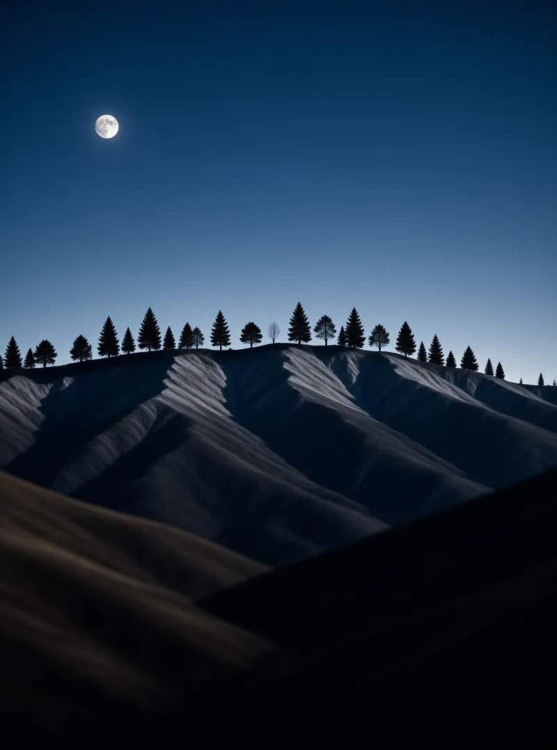 A bright full moon hangs in a deep blue night sky above a ridge of dark evergreen trees and rolling textured hills.