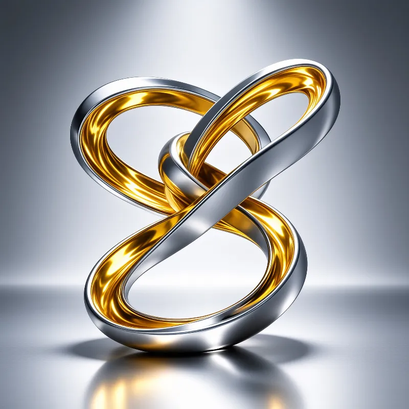 Twisted metal bands create a looped structure with gold inner curves and silver outer edges on a smooth gray surface.