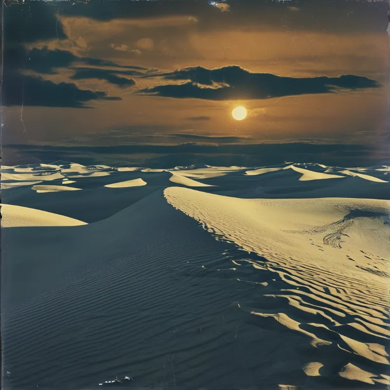 Rolling sand dunes cast long shadows under a cloudy orange sky with the sun visible near the horizon.
