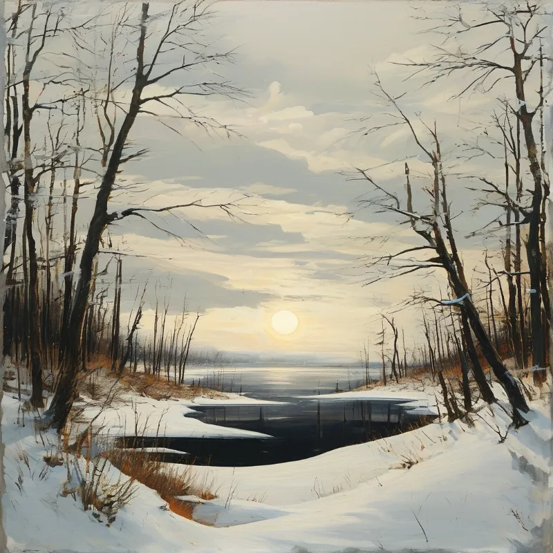 A snow-covered landscape features a partially frozen river bordered by tall dark trees and illuminated by a bright low sun.