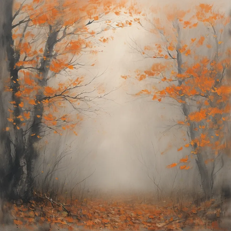 Dark tree trunks surround a misty clearing filled with bright orange leaves.