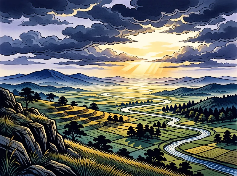 Stylized landscape of a winding river flowing through terraced fields beneath a dramatic sunset sky with golden rays.