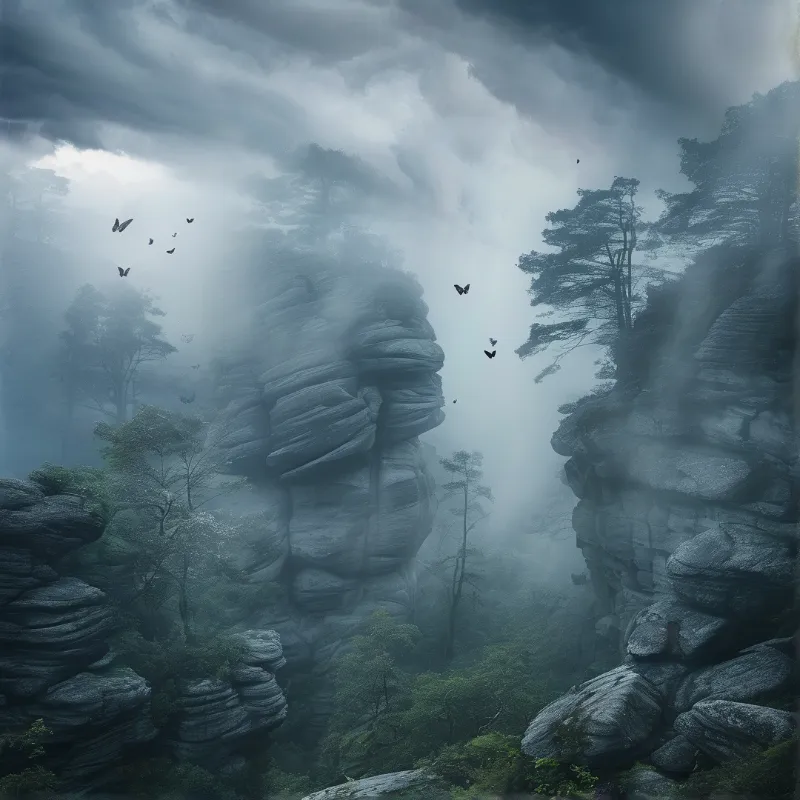Towering stone columns rise from a forest floor while birds fly through thick atmospheric haze under a dim sky.