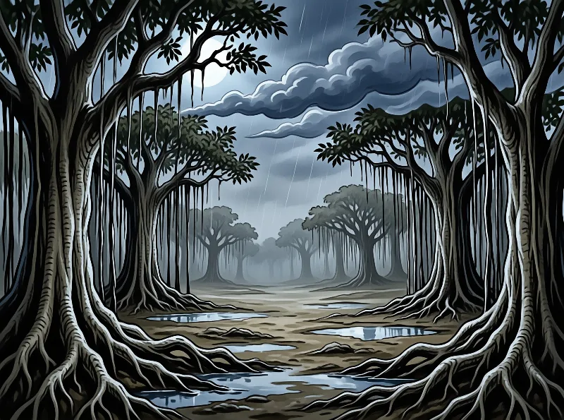 A dark forest scene shows trees with long hanging roots framing a wet path while rain falls from cloudy skies.