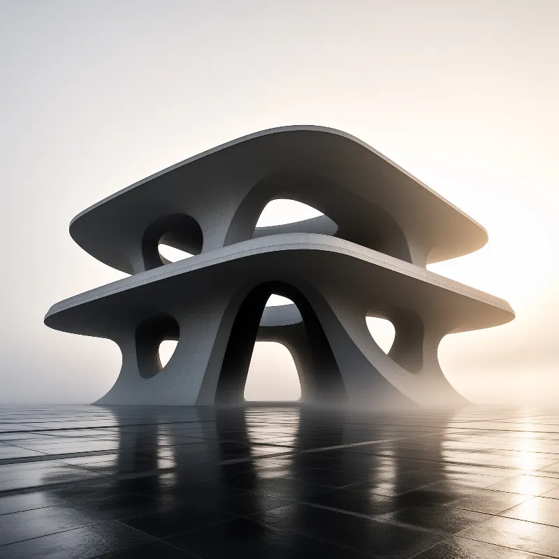 A biomimetic sculptural building with arched openings stands on a wet tiled plaza under soft pale dawn light.