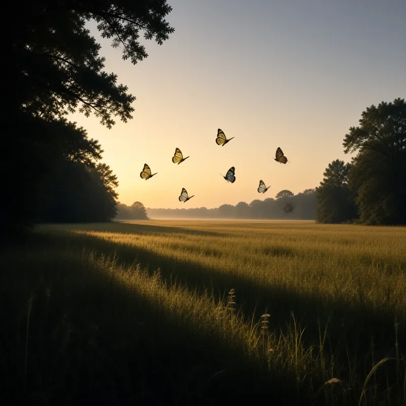 A group of butterflies flies in a curve across a misty landscape illuminated by warm morning light