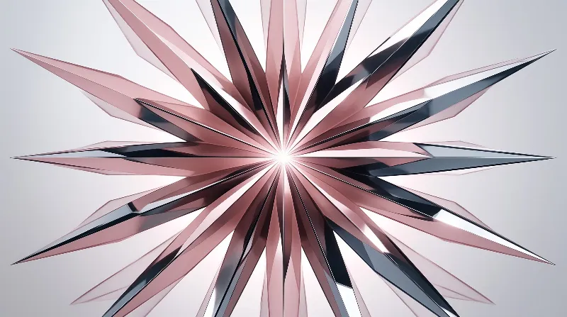 A glossy pink and black crystalline explosion radiates from a luminous white point against a pale grey background