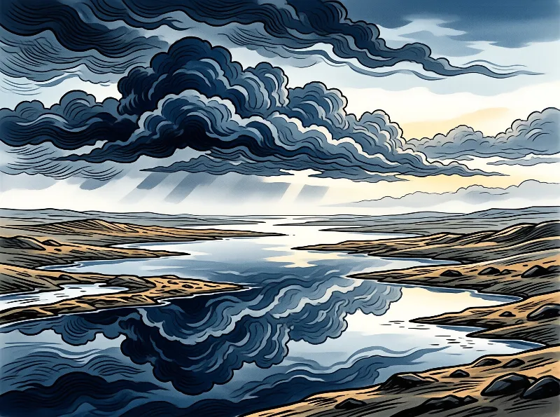 Dark swirling clouds reflect in a winding river cutting through dry rocky terrain with sunlight on the horizon.