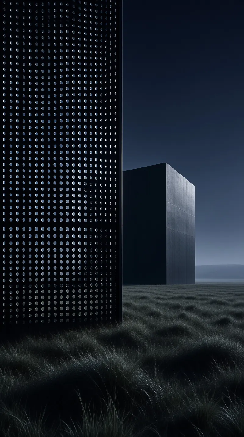 Tall perforated metal wall stands beside a smooth dark cube on rolling dark grass under a deep twilight blue sky.