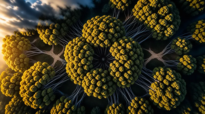 Top down view of symmetrical tree canopies, with warm golden sunset light glowing across yellow green foliage.