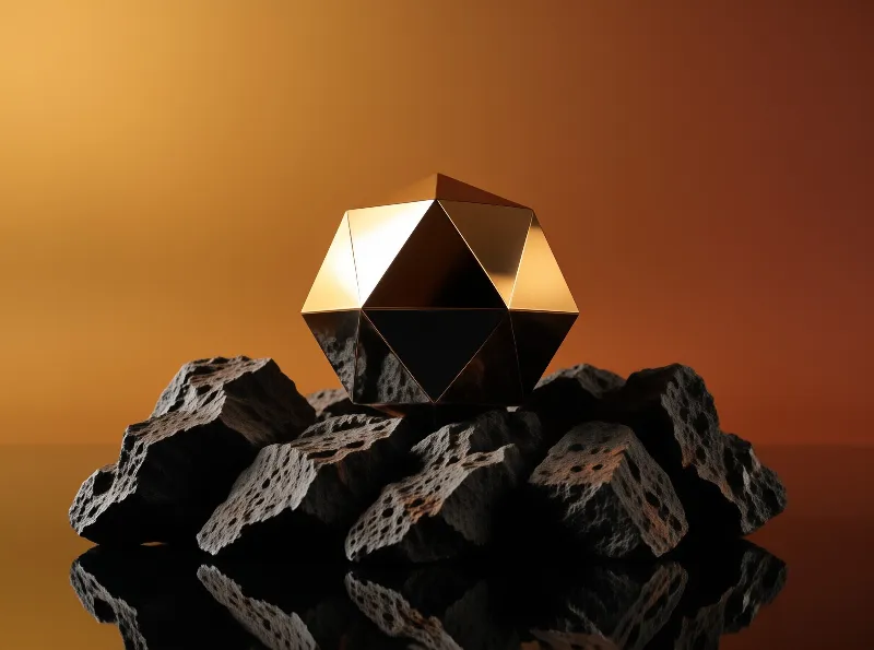 A shiny gold geometric shape sits atop a cluster of textured black stones with a warm orange gradient background.