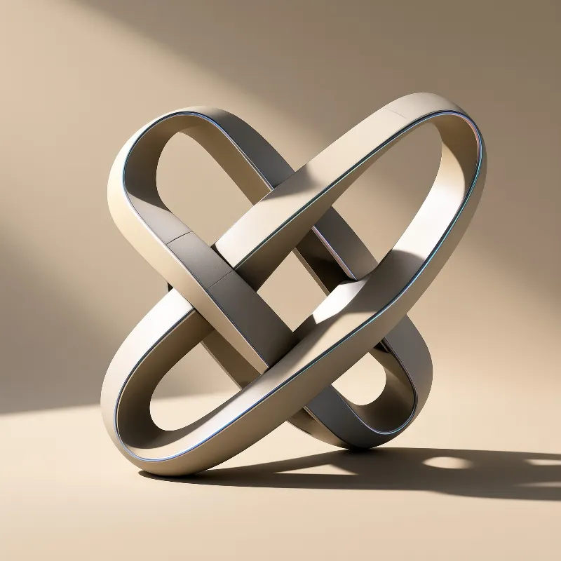 A matte cream interlocked ring sculpture casts sharp defined shadows against a neutral warm beige studio backdrop under direct side lighting.