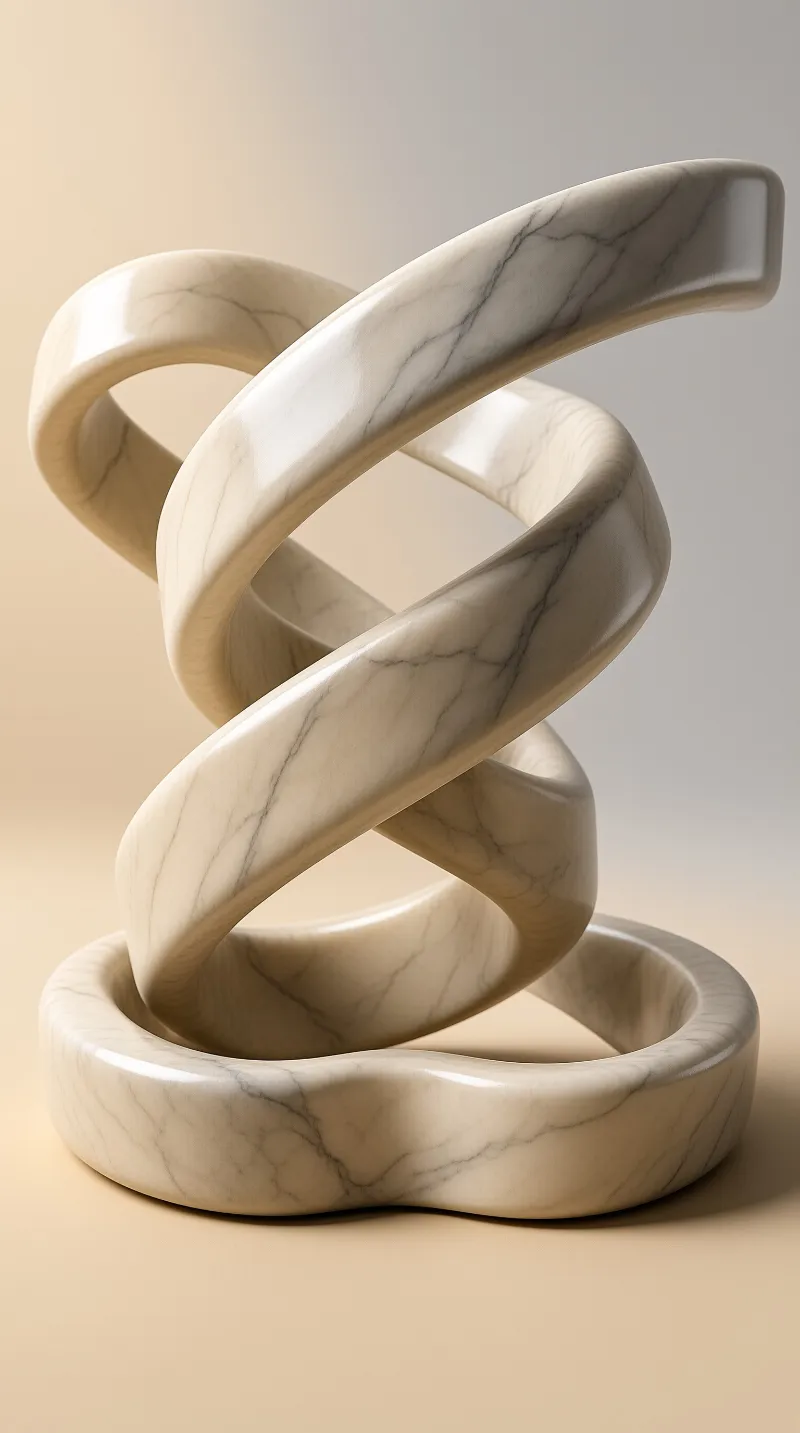 A veined white marble ribbon-like sculpture sits on a pale warm neutral surface, illuminated by soft even light.