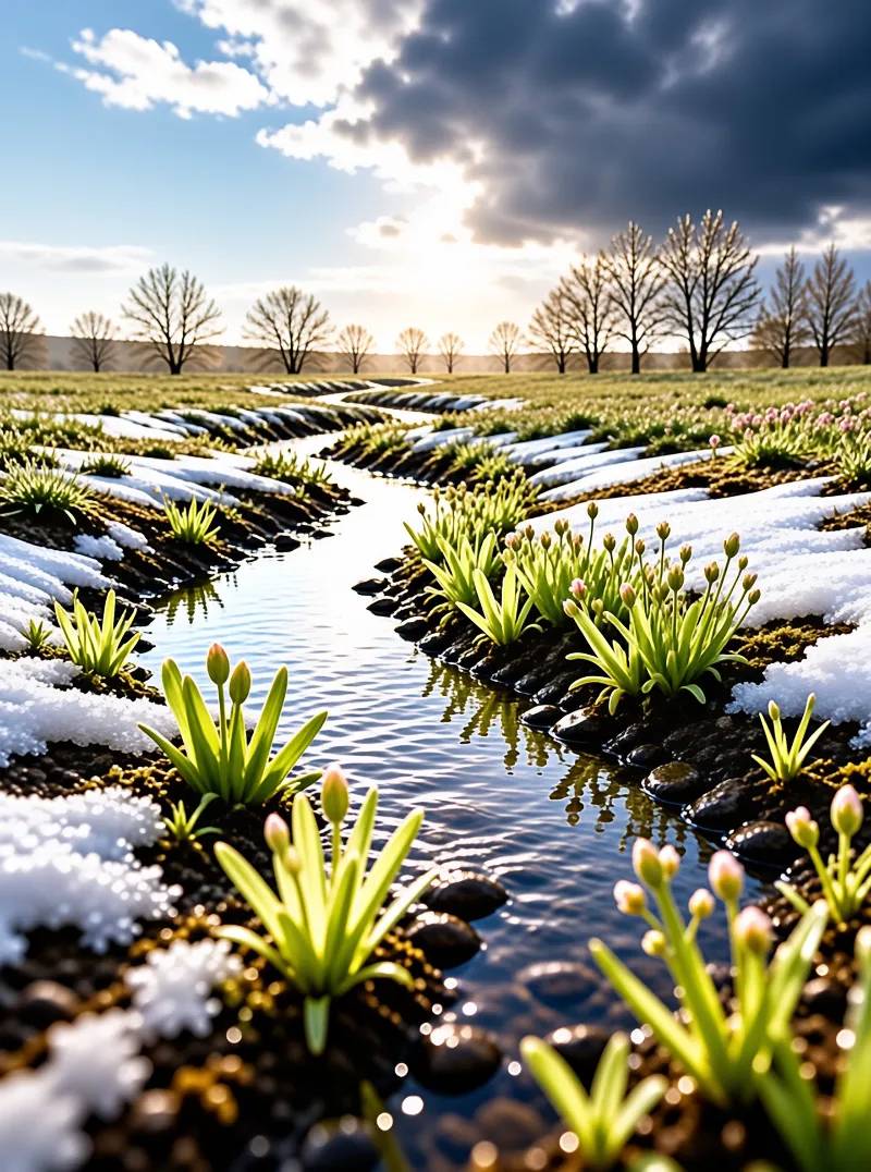 Rows of green shoots and pale buds push up through patches of snow beside a narrow water channel.