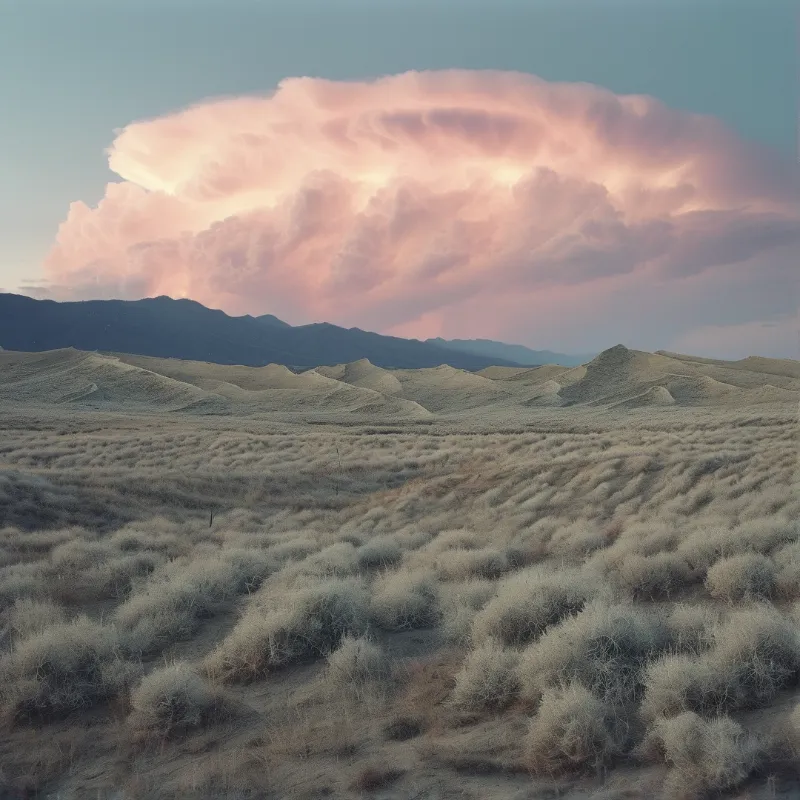 A large pink-tinged cloud looms over arid desert terrain with distant mountains and low shrubs