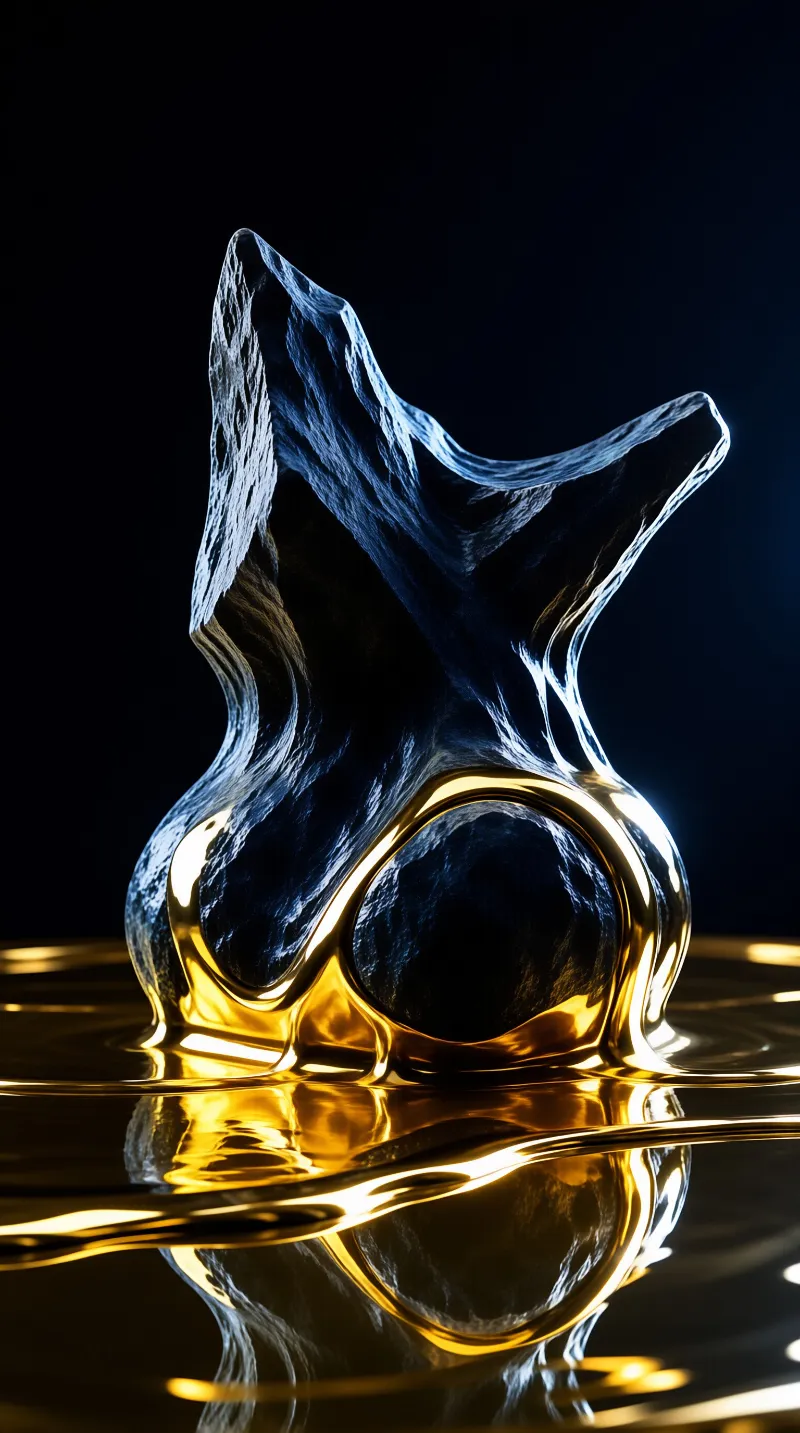 A dark abstract sculpture rises from a pool of flowing gold liquid under dramatic studio lighting
