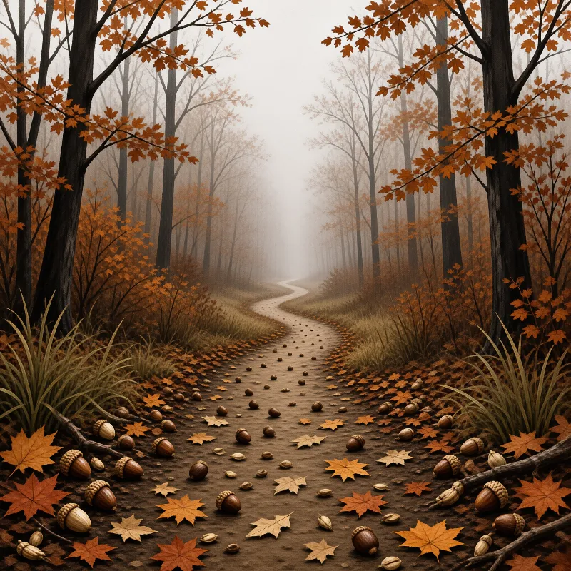 A winding dirt trail spreads through a foggy autumn woodland scattered with fallen acorns and bright orange maple leaves.