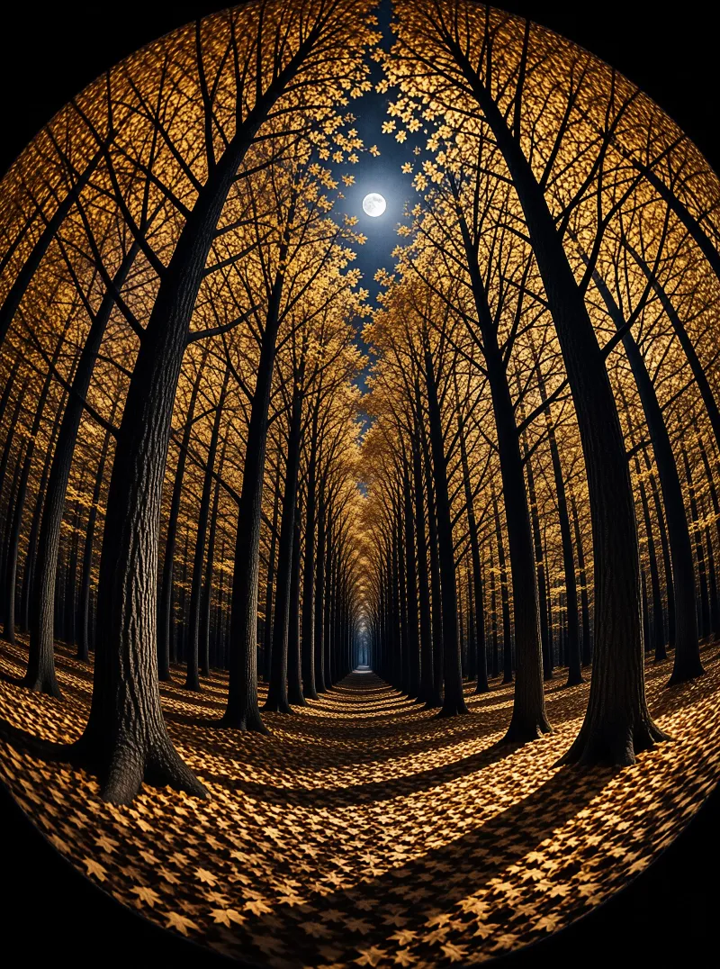 Dense rows of trees with golden foliage create a tunnel effect leading to a moonlit horizon at night.