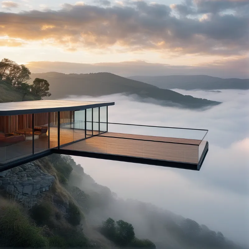 A glass walled house with a timber deck juts from a rocky cliff over thick fog filling a green valley.