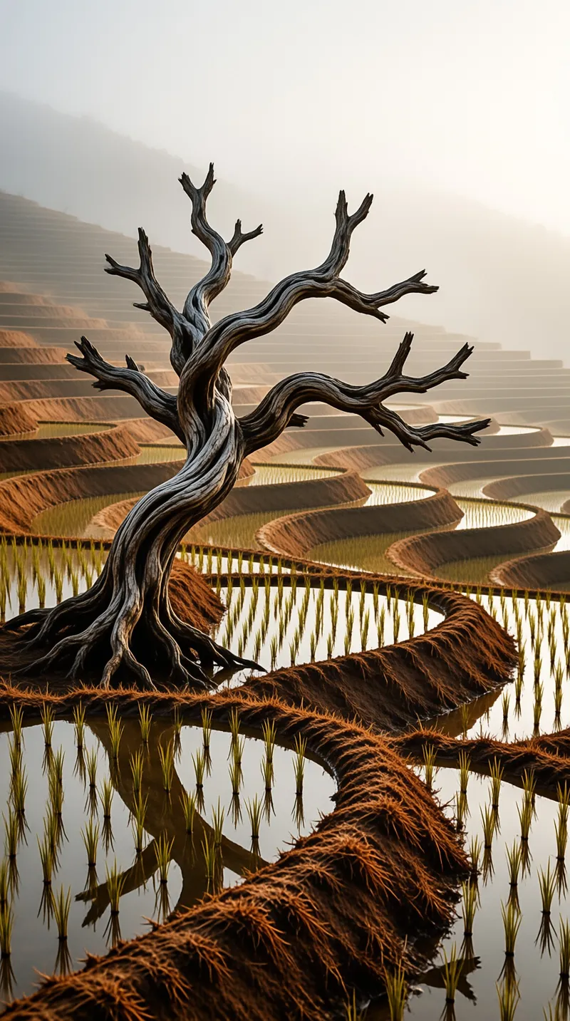 A gnarled leafless tree grips the edge of flooded rice terraces that fade into soft morning mist.