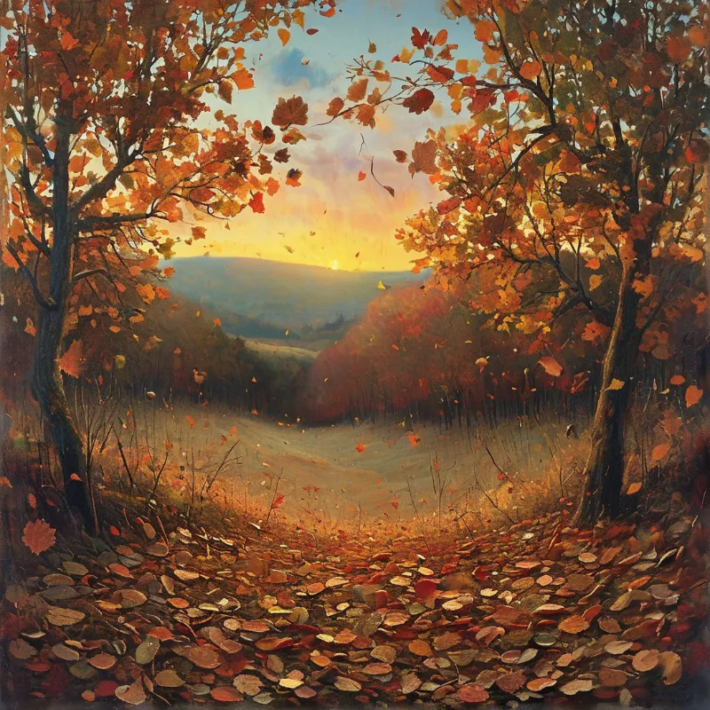 A winding dirt trail covered in red leaves leads between tall trees toward a glowing horizon.