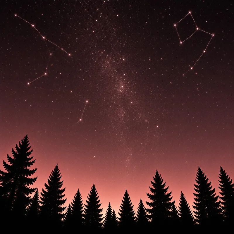 A dense star field with constellation lines glows above a dark conifer treeline beneath a pink and purple twilight sky.
