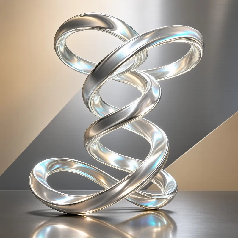 A twisting silver ribbon of polished metal coils into a knot on a reflective surface against a beige and grey wall.