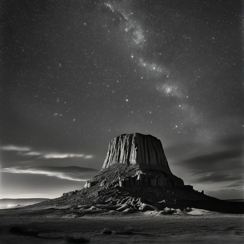 A tall striated rock tower emerges from the arid landscape beneath a sky filled with stars and clouds.