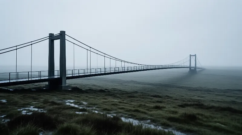 A long gray structure extends across a foggy body of water with damp marsh grass in the immediate foreground.