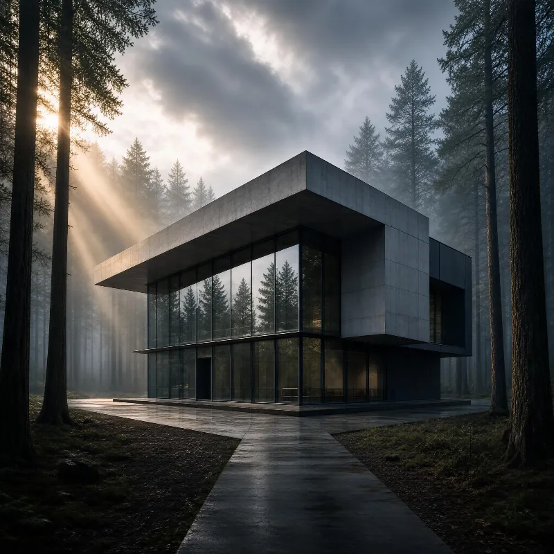 Modern House in Misty Forest