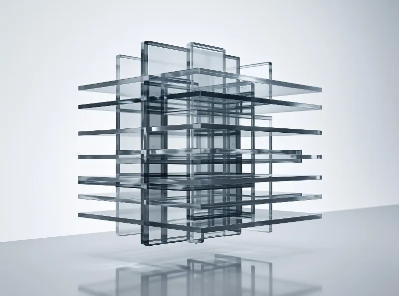 A stack of transparent acrylic plates forms a cube sculpture on a reflective grey studio surface under bright even light
