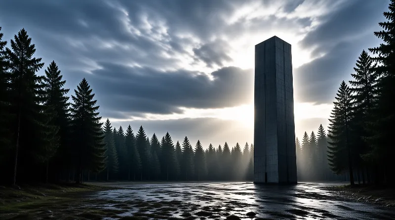 A tall dark concrete tower stands in a misty pine forest clearing with dramatic sunlight breaking through clouds