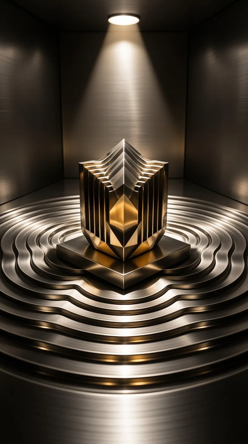 A faceted gold star shaped object rests on a square base atop a circular grooved platform bathed in a single overhead spotlight beam within a dark minimalist space.