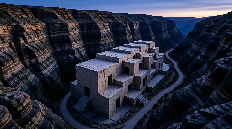 A large stepped stone monument stands in a canyon at twilight with a road curving around its base.
