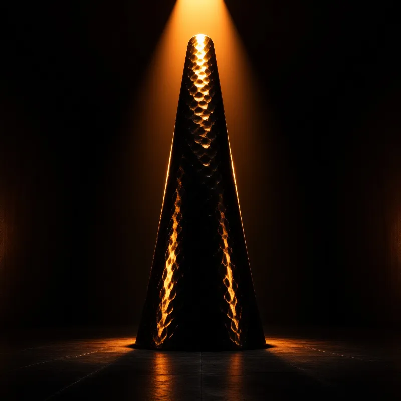 A tall perforated cone stands alone in a dim space, its dimpled surface glowing under a focused beam of amber light that casts a soft reflection on the dark floor.