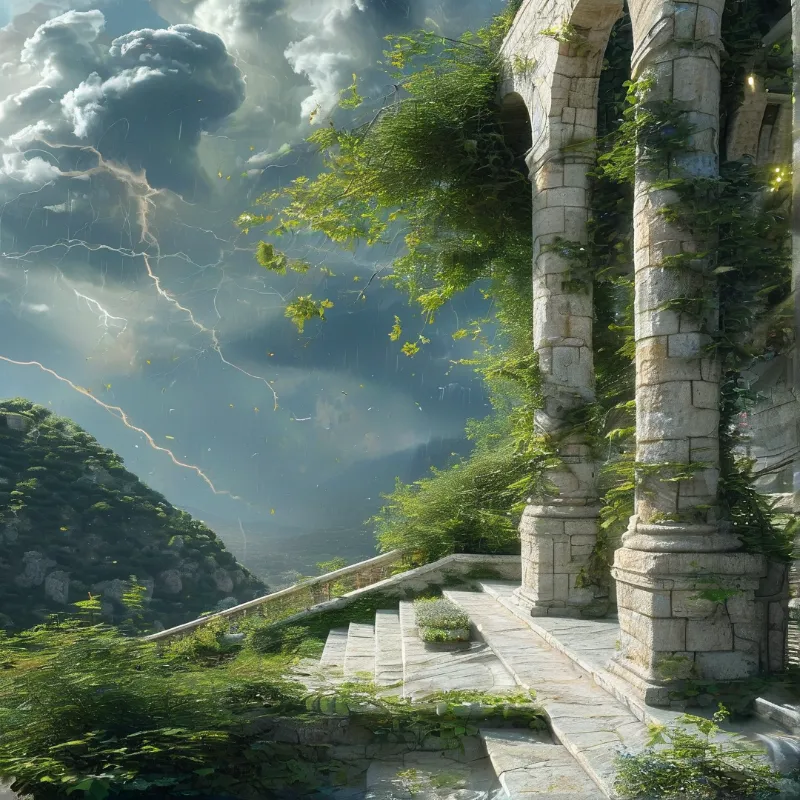 Weathered stone columns covered in green vines stand against a dark stormy sky with lightning striking in the distance.