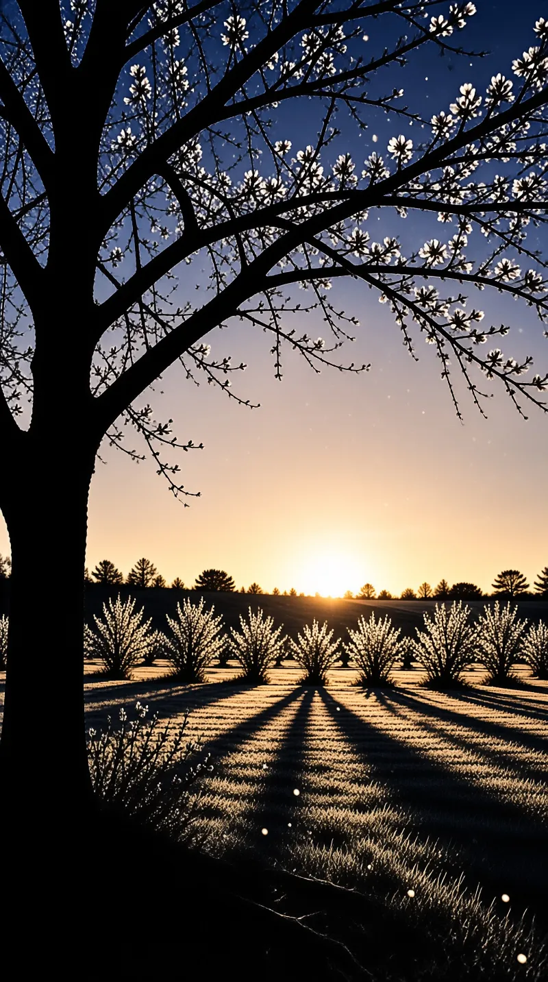 A dark blossoming tree stands in silhouette while low shrubs glow under a starry blue and orange dusk sky